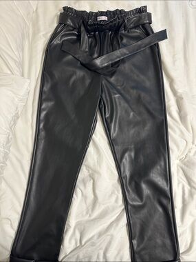 SO Black Faux Leather Paperbag Waist Pants with Belt